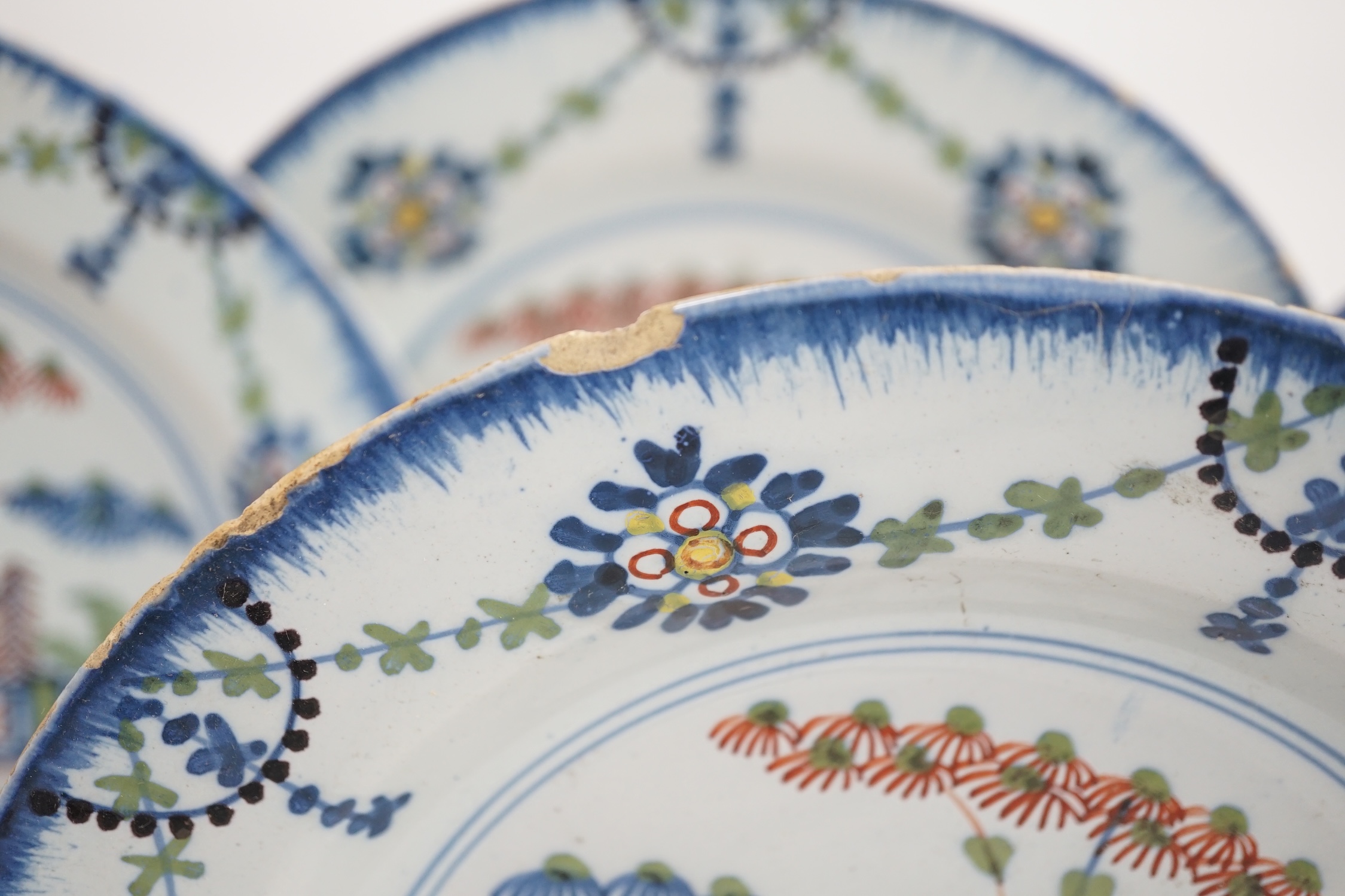 A set of six London delftware polychrome plates, late 18th century